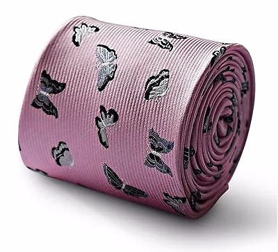 Frederick Thomas Designer Mens Tie - Dusky Dusty Pink - Silver Grey Butterfly • $20.19