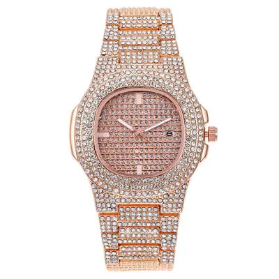 Unisex Hip Hop Bling Full Diamond Rhinestone Watch Men Steel Strap Wrist Watch☆ • £7.43