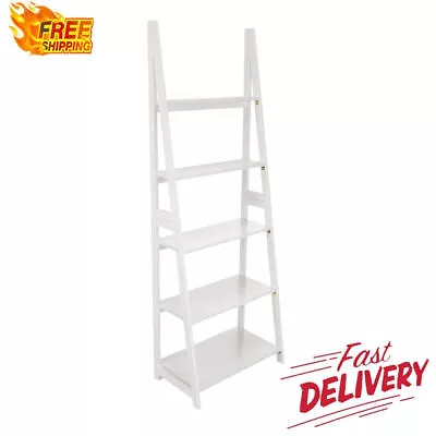 Modern 5-Tier Ladder Bookshelf Organizer Office Bookcase Solid Rubberwood Frame • $66.17
