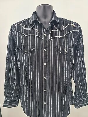 Wrangler Rock 47 Shirt Mens Large Black Country Western Metal Snaps Embroidered • $22