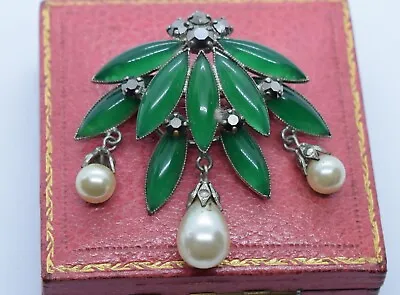 Vintage Faux Pearl Marcasite Chrysoprase Colour Glass Stone Brooch Czech German • £45