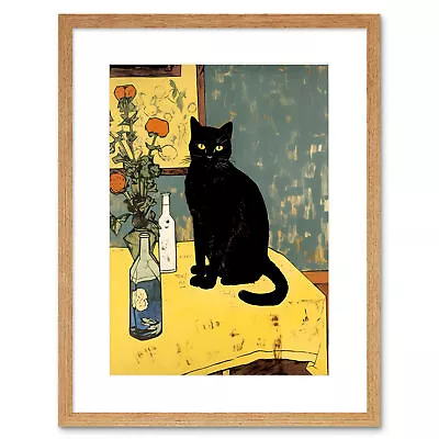 Simple Black Cat On Yellow Table Painting Van Gogh Style Framed Art Print 9X7 • $35.74