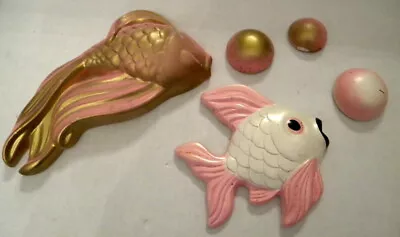 Mid Century Modern Set Chalkware 2 Fish & 3 Bubbles Wall Decor Pink Gold White • $19.99