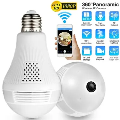 HD 1080P Light Bulb Camera 360 Degrees Panoramic Wi-Fi Security Cam Night Vision • $22.90