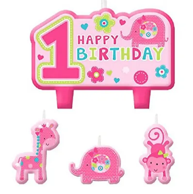 BABY GIRL Happy 1st Birthday Party CAKE CANDLES 4pcs Sweet Safari Animals Monkey • $2.99
