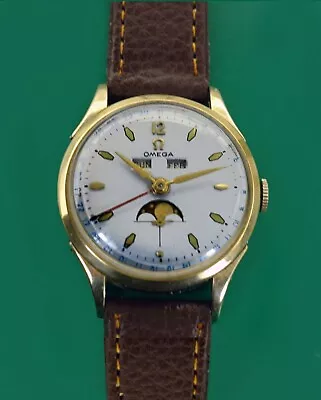 Vintage 1950 Omega COSMIC Triple Date Calendar Moonphase Solid Gold Bezel • $3999