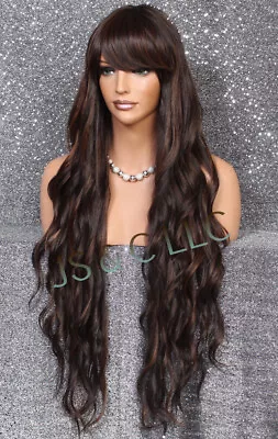 40  Extra Long Human Hair Blend Wavy Full Bangs Wig Brown Mix WESH NWT • $69.95