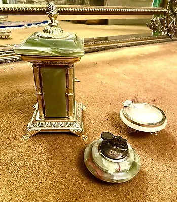 Vintage 3 Pce Green Onyx/Marble Smokers Set - Cigarette Box Ashtray & Lighter • £38