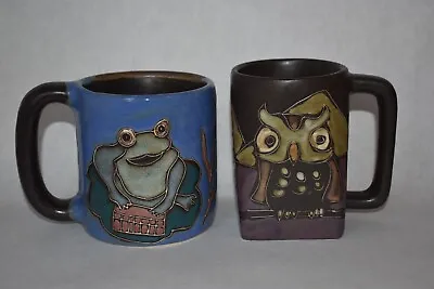 2 Pc Mara Mexico Handcrafted Mugs Owl Family And Frog Stoneware C • $29.95