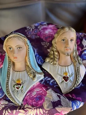 Vintage 1959 Jesus Madonna Mary Chalkware Michigan Composition Lamp Co Hangers • $80