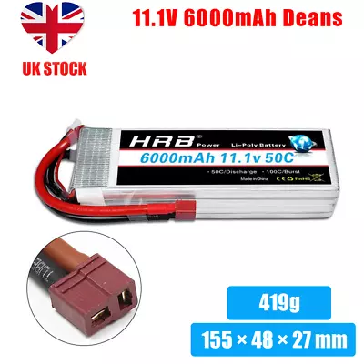 HRB 6000mAh 11.1V 50C 3S LiPo Battery Dean T For RC Car Boat Racing Airplane • £49.69