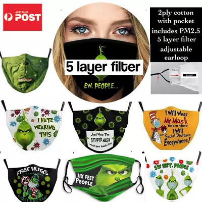  3D The Grinch Mouth Face Mask Washable Reusable Cotton WITH PM2.5 Filter AU • $9.95