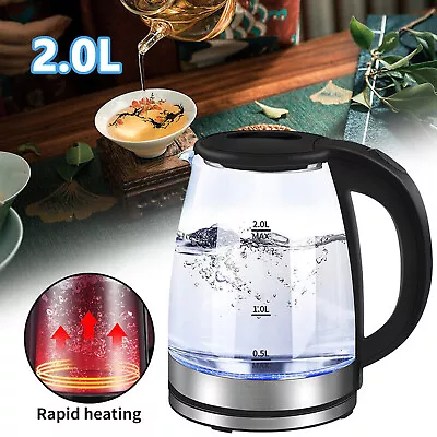 Electric Kettle 2L 1500W Fast Boil Quiet Glass Kettle Boil-Dry Protection Black • £10.99