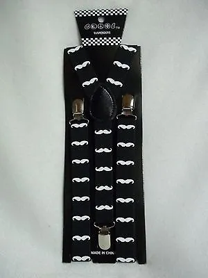 White Mustache Design Stache Black SUSPENDERS Y-Back Adjustable Suspenders-New! • $14.99