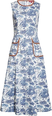 $375 • Buy Staud Women Bait Blue Toile Whiskey Faux Leather Trim Jewel Neck A-Line Dress Sz