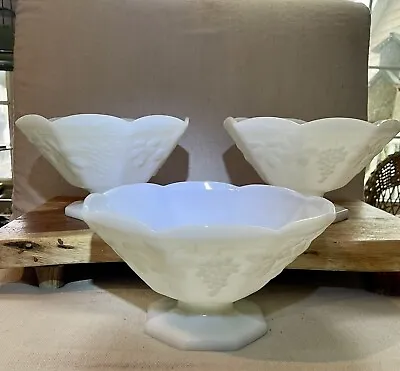 Set Of 3 Vintage White Milk Glass Pedestal Footed Fruit Bowl Harvest Grape • $23.99