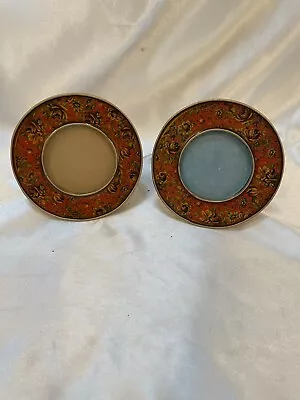 Pair Of Vintage Red Floral Enamel Round Matching 4” Picture Frames Metal • $37.99