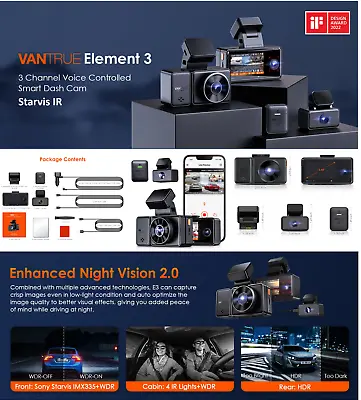Vantrue E3 3 Channel 2.7K WiFi Dash Cam For Car GPS Front Rear Starvis IR • $692.99