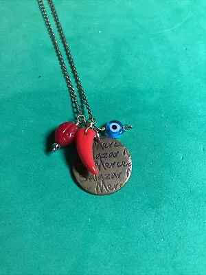 Mercedes Salazar Lucky Horn Necklace Blue Evil Eye 16” B128 Gold Tone • $65