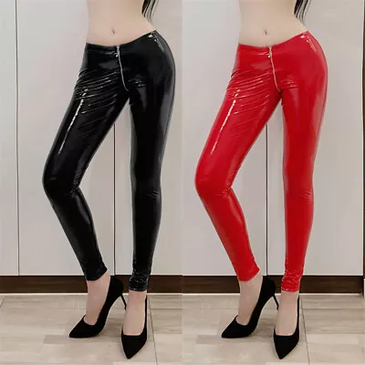 Women Shiny PVC Leather Leggings Wetlook Pencil Pants Zip Open Crotch Trousers • £19.19