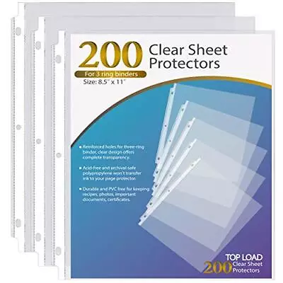200 Pack Sheet Protectors 8.5 X 11 Inch Clear Page Protectors For 3 Ring Binder • $17.86