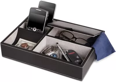 Leather Mens Valet Organizer Nightstand Dresser Top Box W 5 Compartments Black • $15.99