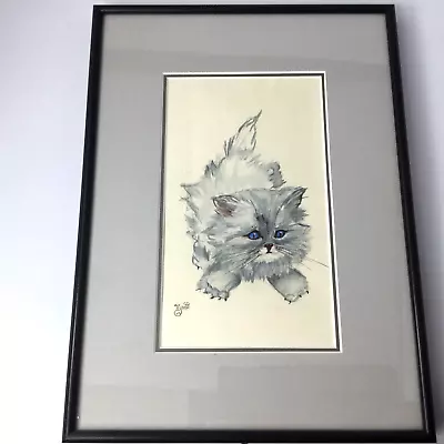 Vintage Original Watercolor Painting White Cat Kitten Persian Black Frame Signed • $48