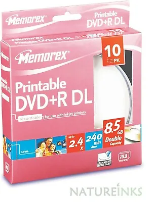 £8.69 • Buy 10 Memorex Printable DVD+R DL 2.4x DVD Dual Double Layer Discs 8.5GB 240 Mins   