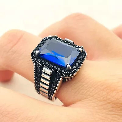 Blue Sapphire Sqaured Stone Men's Silver Ring925K Sterling SilverMens Jewelry • $49.90