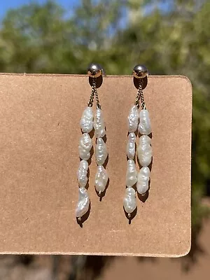 $89 • Buy Vintage 14K Yellow Gold Stud Earrings & Genuine White Biwa Keshi Dangle Jackets