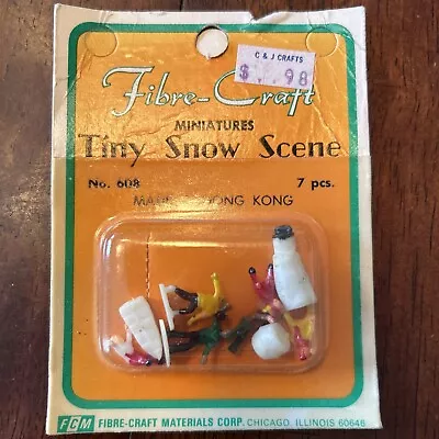 Vintage 7 Pc Fibre-Craft Miniatures TINY SNOW SCENE Building Snowman #608 • $7.99