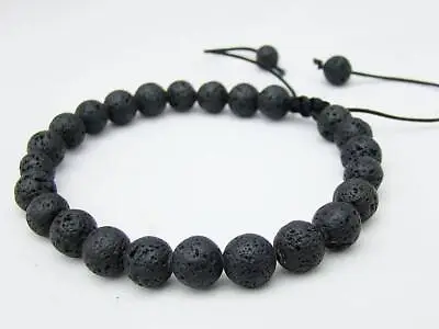  Men's Shamballa Bracelet All 8mm BLACK FIRE ROCK LAVA STONE Beads • $2.75