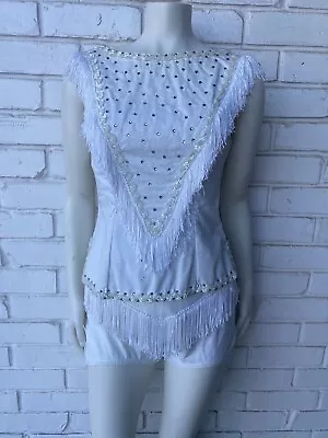 VTG 60s Majorette Baton Twirling Uniform Costume Fringe Rhinestones Ivory • $35