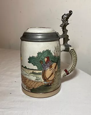 Antique Handmade German Mettlach Painted Pottery Pewter Lidded Beer Stein Mug • $298.22