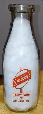 Smiley's Dairy Farm Red Pyro Glazed Square Quart Milk Bottle - Winslow Maine • $14