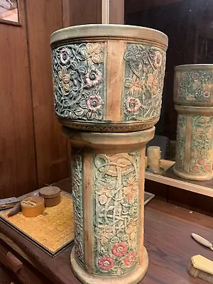 Antique Weller Pottery Pedestal Planter Jardiniere Set. Green With Rose Flowers. • $250