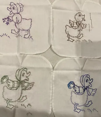 Vintage Hand Embroidered  Chicks  Cotton Fabric Set Of 4 For Pillows Quilts • $2.96