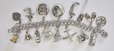 Vintage Sterling Silver Charm Bracelet (7 ) W/ Rare 16 Large Charms Heavy 94g • $239.95