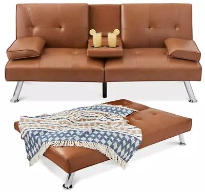 Leather  Sleeper Sofa Bed Modern Recliner TV Theater Couch Light Brown Tan Futon • $209.99