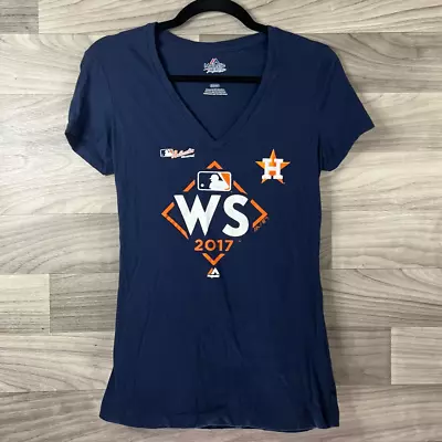 Houston Astros MLB Women T-Shirt World Series 2017 Blue V Neck Majestic Tee S • $8.94