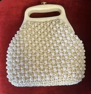 Vtg 1950's Cream Raffia & Beaded Clam Shell Bag/Purse Lucite Handles Hong Kong • $48