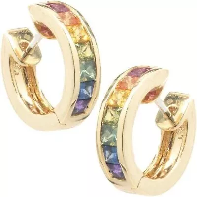 2.32 Ct Lab Created Rainbow Sapphire 14K Yellow Gold Plated Women Hoop Earrings • $112.31