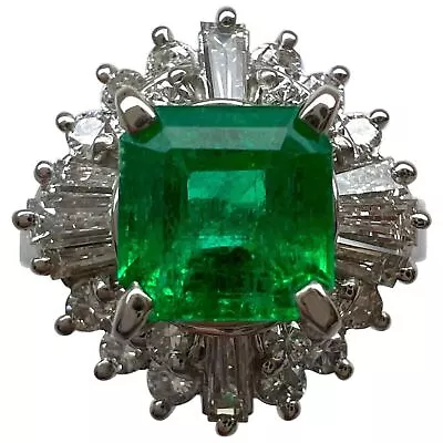 1.90 Carat Vivid Green Colombian Emerald & Diamond Platinum Halo Cluster Ring • £1600