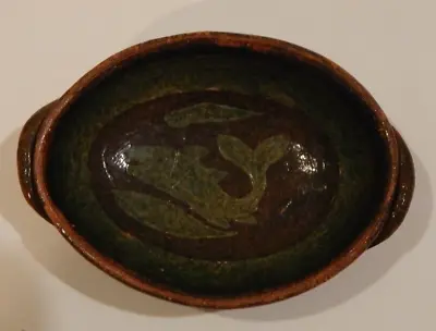 Patamban Michoacan Mexican Folk Art Oval Bowl Green Fish Red Ware Pottery - 6  • $16