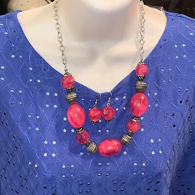 J CREW Fuchsia Bubble Gum Marble Beads Necklace & Matching Earrings SET New💗201 • $50