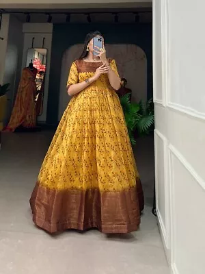 Indian Wedding Designer Party Wear Yellow Gown With Print And Zari Patta Work • $74.80