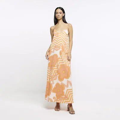 River Island Womens Slip Maxi Dress Orange Floral Print V-Neck Spaghetti Straps • £11.70