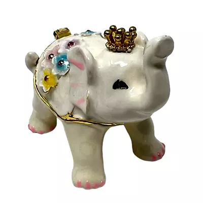 Elephant Queen Hinged Trinket Box With Crown Flowers And Pink Swarovski Crystals • $27.95