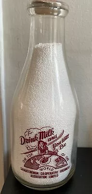 Vintage SASKATCHEWAN CO-OP CREAMERY Quart ACL Milk Bottle Saskatchewan Canada • $22.99