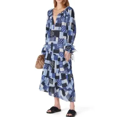 By Malene Birger Amily Blue Patchwork Cotton-Mousseline Asymmetric Midi Dress 32 • $65